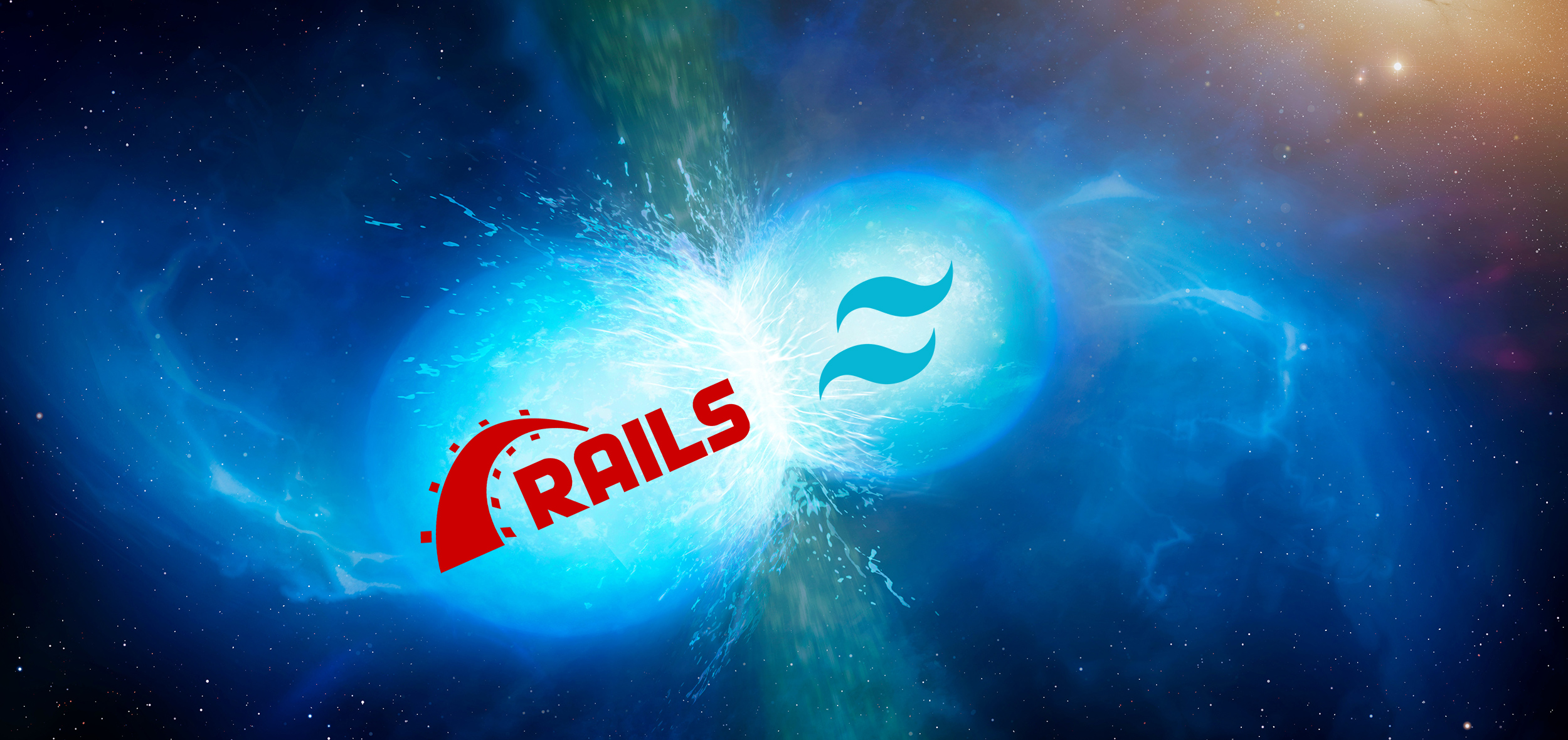 Artist’s impression of two neutron stars merging and exploding as a kilonova edited to have the Rails and TailwindCSS logos overlaid on the neutron stars. Original image University of Warwick/Mark Garlick