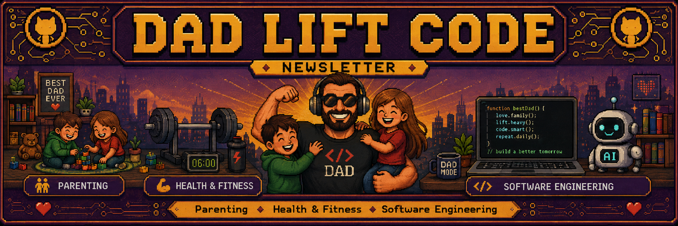Retro pixel-art DadLiftCode banner showing a father with his children, weights, a coding laptop, and an AI robot, representing parenting, health and fitness, and software engineering.