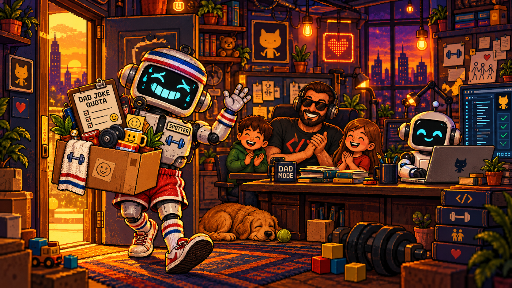 A goofy robot gym coach named the Spotter, wearing a sweatband and gym shorts, waves goodbye while carrying a moving box and a Dad Joke Quota clipboard. A smiling family and a newer AI robot watch from the newsroom.