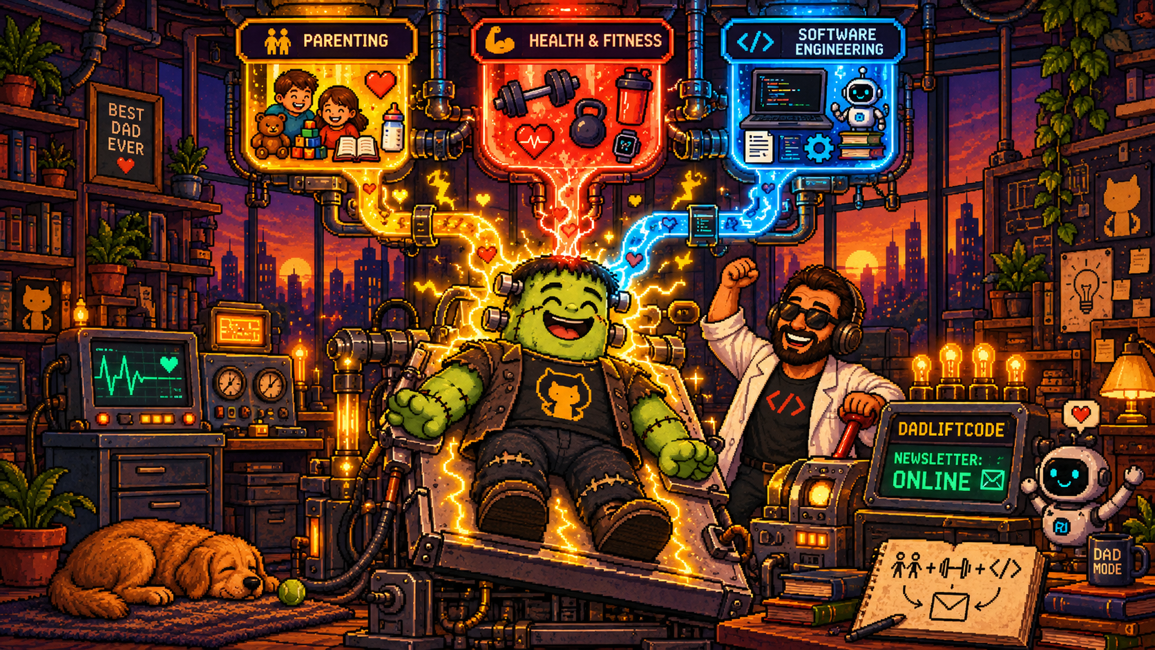 Retro pixel-art Frankenstein laboratory where three glowing panels labeled Parenting, Health & Fitness, and Software Engineering power a smiling green monster as a dad activates the DadLiftCode newsletter.